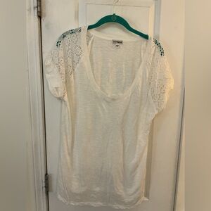 EXPRESS Ivory White Short Sleeve Shirt Lace Accent Blouse size Large NWOT
